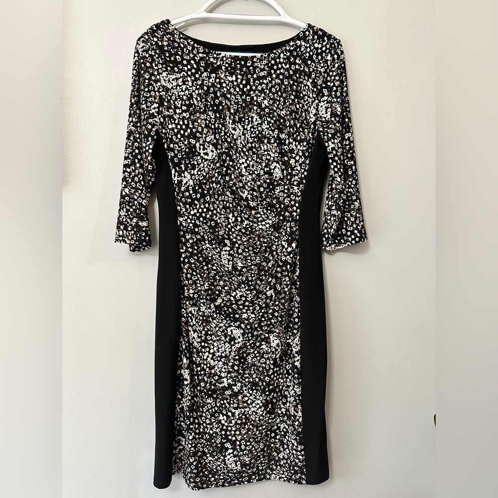 Lauren Ralph Lauren Sheath Dress Size 10 Black Cream Animal Print 3/4 Sleeve